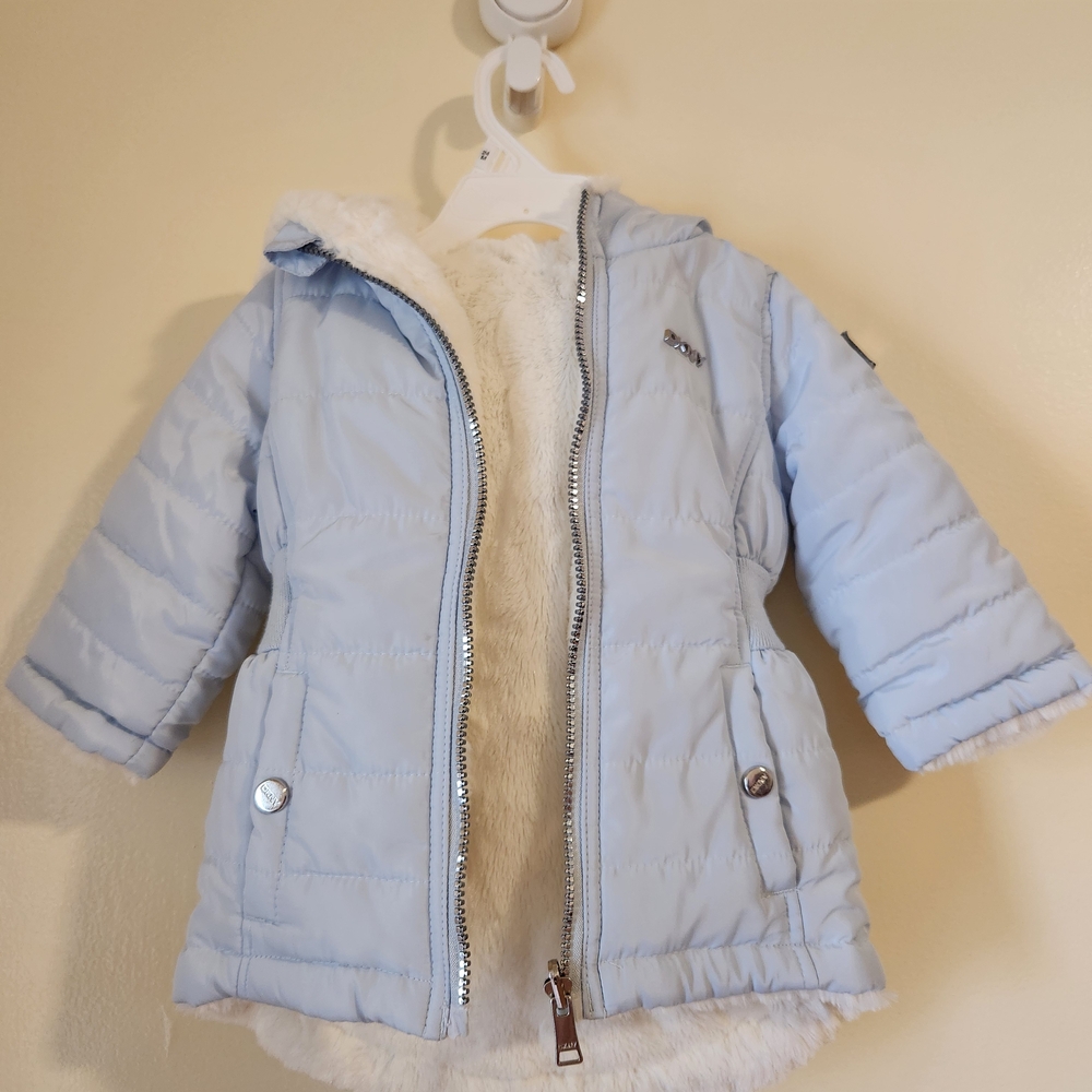 DKNY Sky Blue Puffer Jacket with Faux Fur Sz 12 M